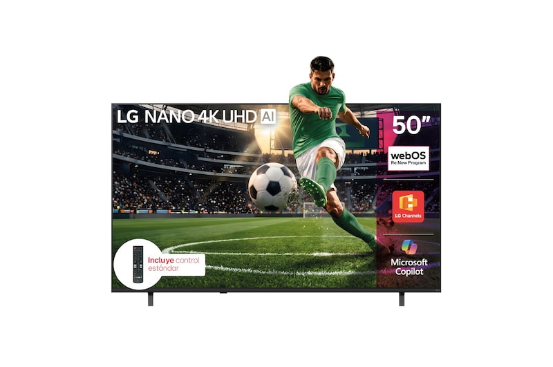 Vista frontal de TV LG NANO 4K UHD AI NU85 de 50 pulgadas 2026 50NU850BPSA